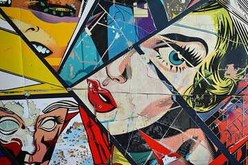 Pop Art collage dynamic comic book panels juxtaposed with geometric forms.