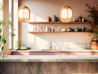 A modern kitchen interior with hanging lights, shelves with dishes, and a marble countertop, on a warm-toned background, concept of home design. Generative AI