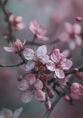Obraz premium A branch of delicate pink cherry blossoms against a blurred background.