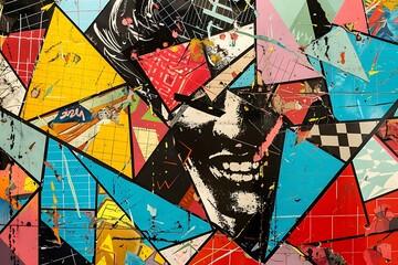 Pop Art collage dynamic comic book panels juxtaposed with geometric forms.