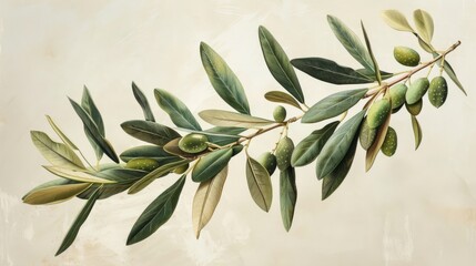 An illustration of an olive branch with green olives on a beige background.