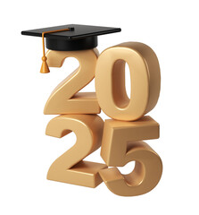 Class of 2025 3d icon. Congratulation graduates design template with black cap and numbers. Gold graduation typography illustration for ceremony, party, greeting card, invitation
