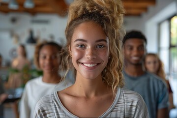 Obraz premium A smiling young woman in the foreground with a multi-ethnic group of friends blurred behind her