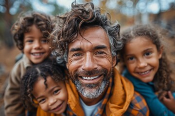 Man with curly gray hair and big smile taking a selfie with three happy children outdoors