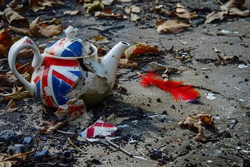 A teapot painted with the Union Jack on the ground, surrounded by scattered tea leaves. a single red feather rests nearby, hinting at the Boston Tea Party and the colonists defiance of British rule.