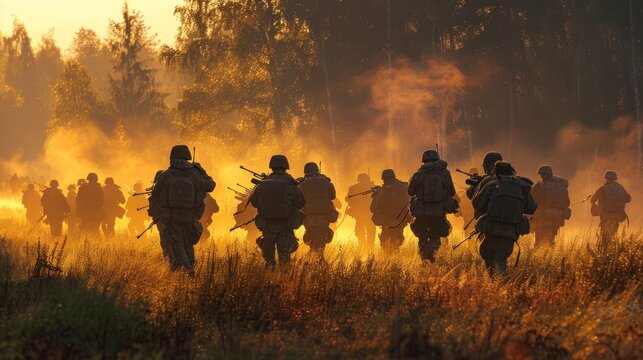 A group of soldiers are walking through a field at sunset.