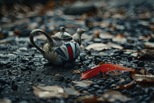 A teapot painted with the Union Jack on the ground, surrounded by scattered tea leaves. a single red feather rests nearby, hinting at the Boston Tea Party and the colonists defiance of British rule.
