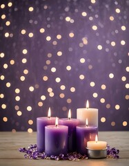 Purple Candles with bokeh, glowing lights, flame burning with seasonal, invitation, graphic resource cover for online sales, product display or holiday decoration. 
