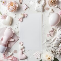 A flat lay of a variety of pink and white baby items including a stuffed bear, flowers, and toys on a white textured background.