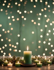 Green Candles with golde bokeh, glowing lights, flame burning with seasonal, invitation, graphic resource cover for online sales, product display or holiday decoration. 