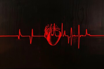 A rhythmic red pulse line vibrates across a black canvas. red heart in the middle. The sound of a heartbeat is amplified, representing the life and vitality