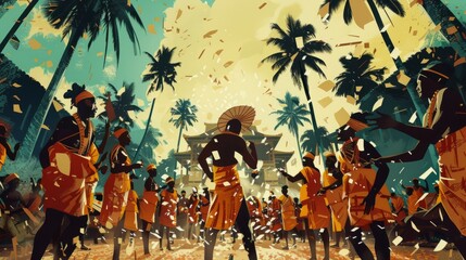 A group of people are dancing and celebrating in a tropical setting.