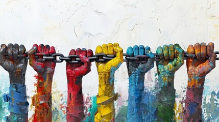 A line of hands painted in different colors holding a chain.