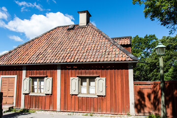 Old Swedish wooden house in Skansen park, Stockholm, Sweden, Europe