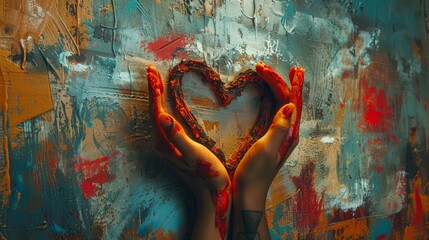 A heart made of twigs is held up in front of a colorful painted background. The hands holding it are covered in red paint.