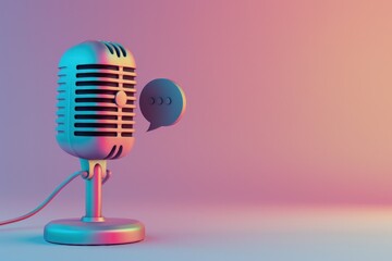 Studio microphone and chat bubble icon, concept of podcast, communication, conversation.