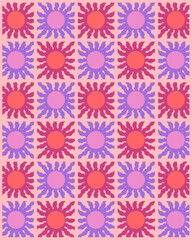Retro floral seamless pattern illustration. Vintage style hippie flower background design collection. Geometric checkered wallpaper print, spring season nature backdrop texture with daisy flowers.