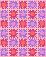 Retro floral seamless pattern illustration. Vintage style hippie flower background design collection. Geometric checkered wallpaper print, spring season nature backdrop texture with daisy flowers.