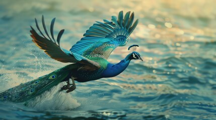 Peacock flying on the sea