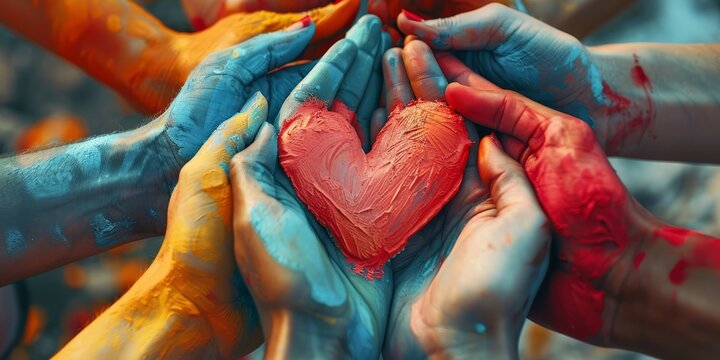 A group of diverse hands holding a red heart.