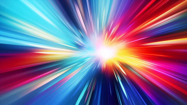 Flash rainbow abstract colorful background design. Multi-colored stripes and lines in perspective and converging into a point. Explosive light speed rays effect. Flash of bright light. Digital art.