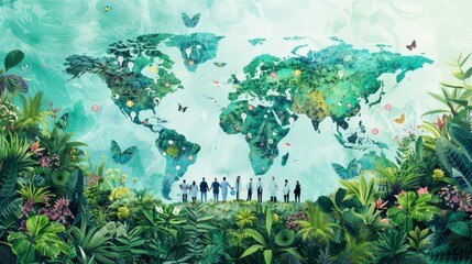 A group of diverse people stand in front of a world map made of green plants and animals.