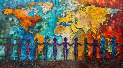 A mosaic of the world map made of colorful tiles, with people of different colors holding hands in front of it.