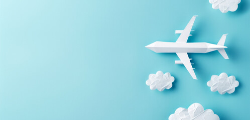 A paper plane flying above paper clouds, flat graphic style, light blue background, concept of travel and creativity, Generative AI. Generative AI - Powered by Adobe