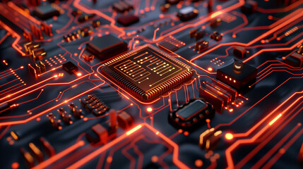 A close-up view of a microchip circuit board illuminated by a glowing light. 