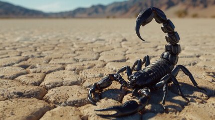 Black scorpion with stinger on the desert