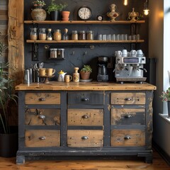 Rustic wooden kitchen counter with drawers and shelves, topped with coffee maker and various kitchenware.