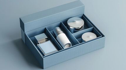 blue box with cosmetics set in blue box 3d mockup