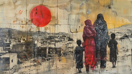 A painting in muted colors of a group of people, possibly a family, walking away from the viewer toward a large red circle.