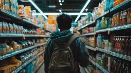 Fototapeta premium Young male browsing grocery aisles in a supermarket, focused consumer exploring