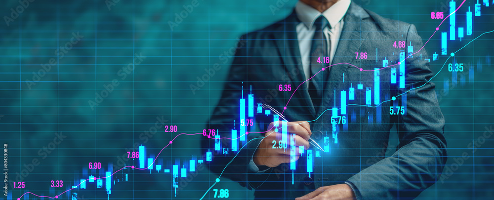 Aufkleber a businessman analyzing financial data graphics on a digital interface, suit and tie, stock market c