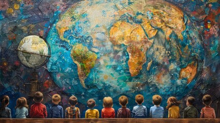 A group of children are looking at a colorful mural of the Earth.