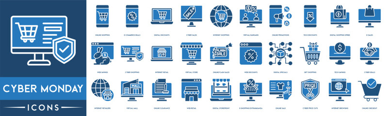 Cyber Monday icon set. Online Shopping , E-commerce Deals, Digital Discounts, Cyber Sales, Internet Shopping, Virtual Bargains, Online Promotions, Tech Discounts icon.