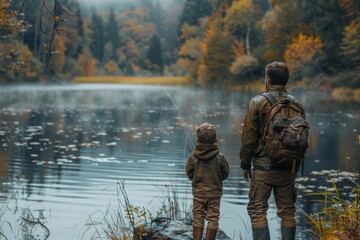 A captivating depiction of two individuals engrossed in fishing against the backdrop of a tranquil, autumn-hued lake
