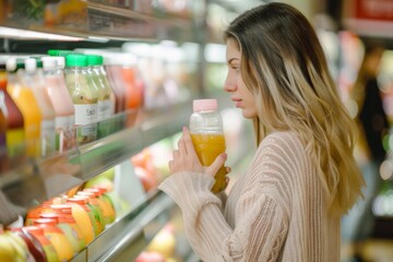 Young woman reading label on juice bottle at refrigerated section in supermarket