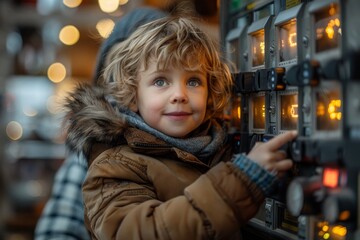 Fototapeta premium A young, curly-haired boy focuses intently on control buttons with glowing lights around him