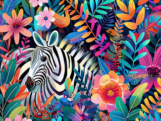 A zebra in the jungle surrounded by colorful flowers and birds, detailed patterns and textures, intricate details, vibrant colors, whimsical atmosphere