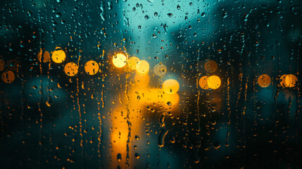 Raindrops create a rhythmic dance on a sunlit window, casting a soft glow on the world outside
