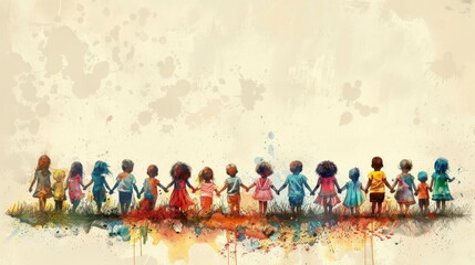 Obraz premium A watercolor painting of a group of diverse children holding hands and standing in a field of grass.