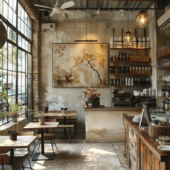 An industrial-style coffee shop with large windows, a high ceiling, and a concrete floor. There are several tables and chairs, a counter, and a large painting on the wall.