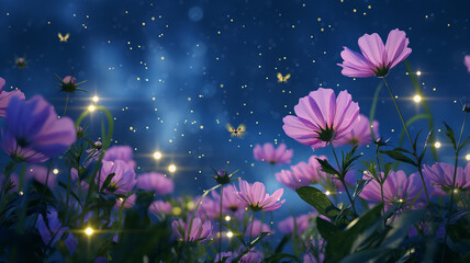 Blossom pink cosmos flowers in garden at night in summer, summer flower theme, summer time.