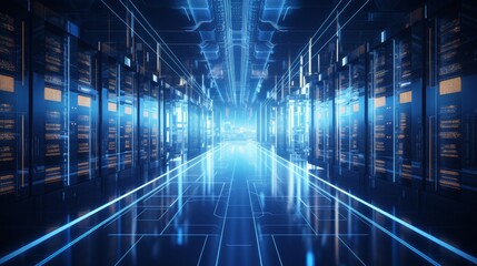 conceptual server room with neon blue emissive. 