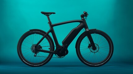 A sleek, minimalist bicycle with a matte black frame, perfectly positioned against a solid, vibrant cyan studio background, emphasizing the bike's elegant design lines and modern aesthetics. 32k, 
