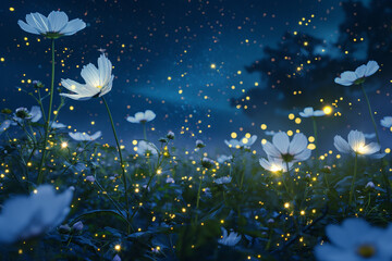 Blossom white cosmos flowers in garden at night in summer, summer flower theme, summer time.