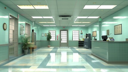 A large, empty room with a clock on the wall. The room is mostly green, with a few white accents. The clock is on the left side of the room, and there is a potted plant in the middle