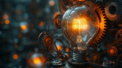 A light bulb made of gears and cogs, symbolizing a bright idea in a mechanical setting